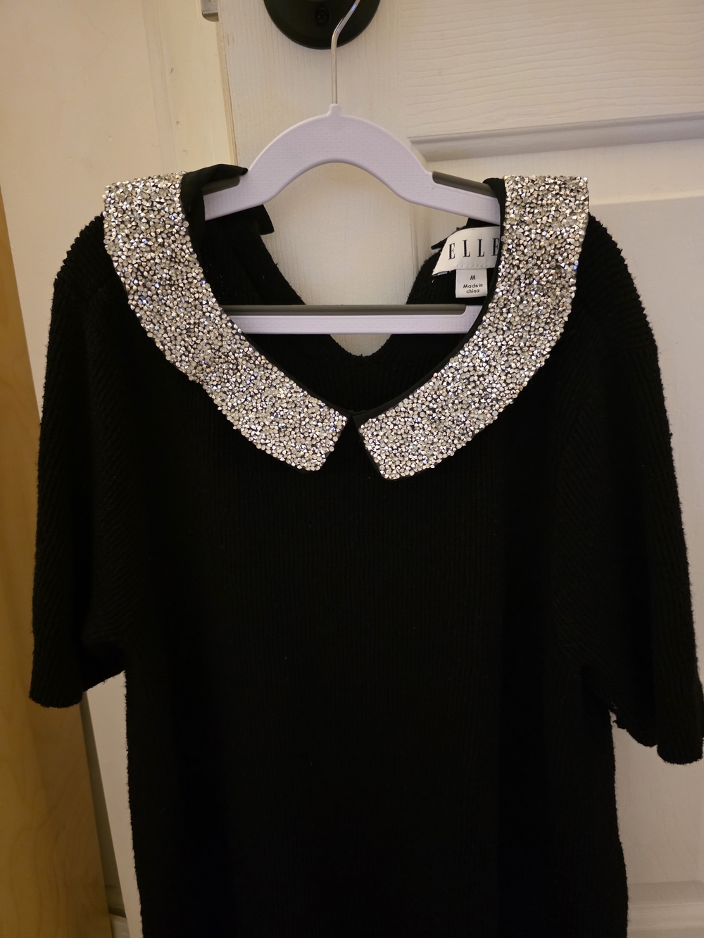 ELLE Medium Black Sweater Top with Embellished Crystal Collar